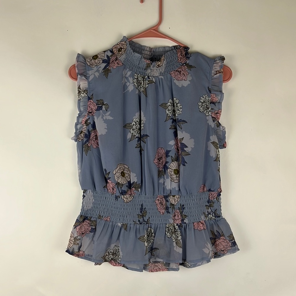 NWT JAPNA ruffled sleeveless blouse dusty blue and dusty rose L